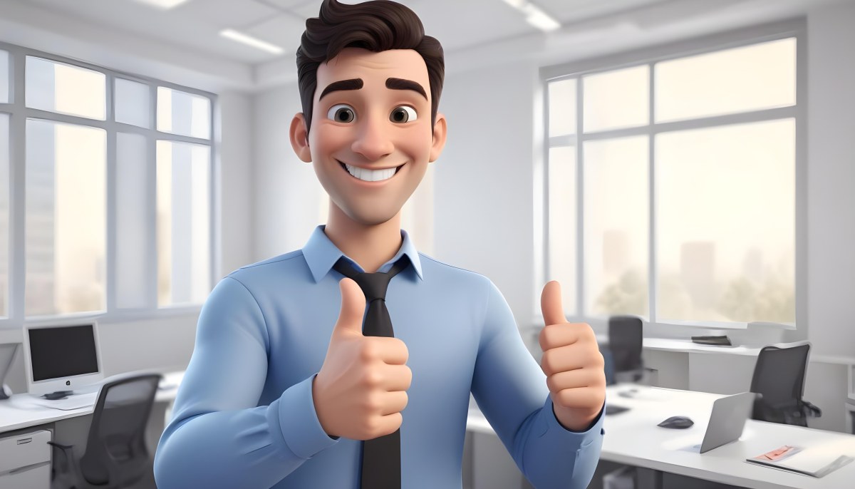 A Caucasian Man 28 Years Old Dark Hair Smiling And Doing A Thumbs Up In A Bright Office 33 A4ca