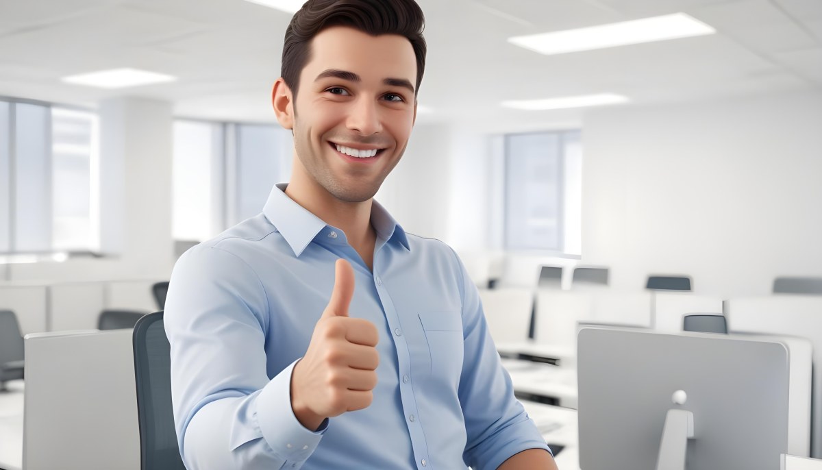 A Caucasian Man 28 Years Old Dark Hair Smiling And Doing A Thumbs Up In A Bright Office 34 7daa