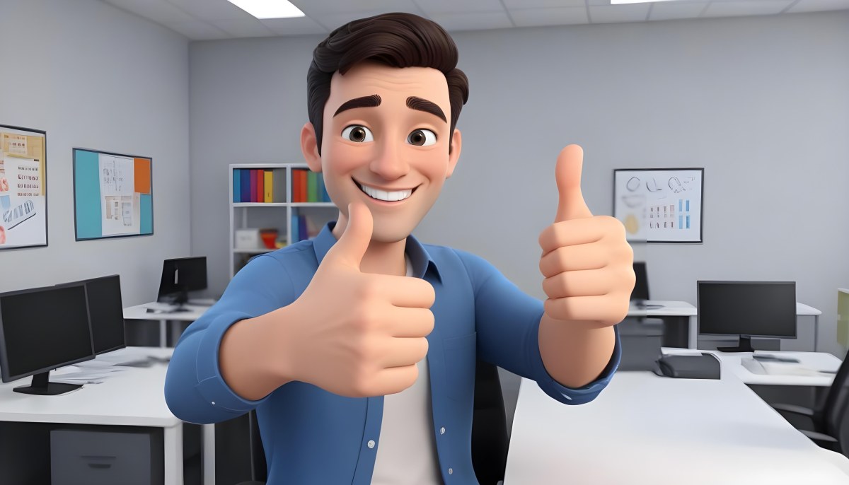 A Caucasian Man 28 Years Old Dark Hair Smiling And Doing A Thumbs Up In A Bright Office 36 2211