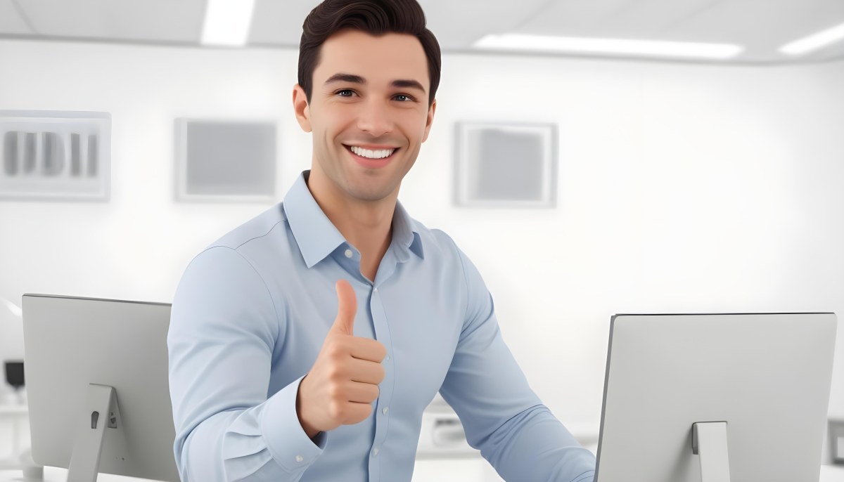 A Caucasian Man 28 Years Old Dark Hair Smiling And Doing A Thumbs Up In A Bright Office 4 1ae0