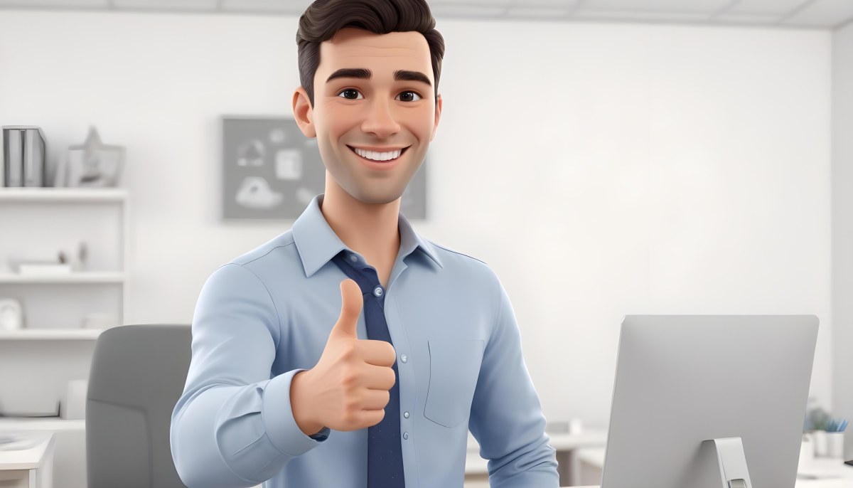 A Caucasian Man 28 Years Old Dark Hair Smiling And Doing A Thumbs Up In A Bright Office 5 6668