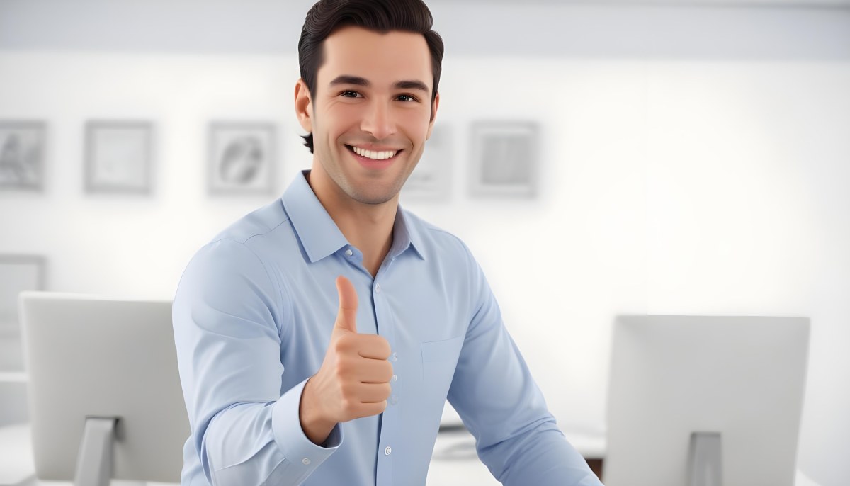 A Caucasian Man 28 Years Old Dark Hair Smiling And Doing A Thumbs Up In A Bright Office 6 D64e