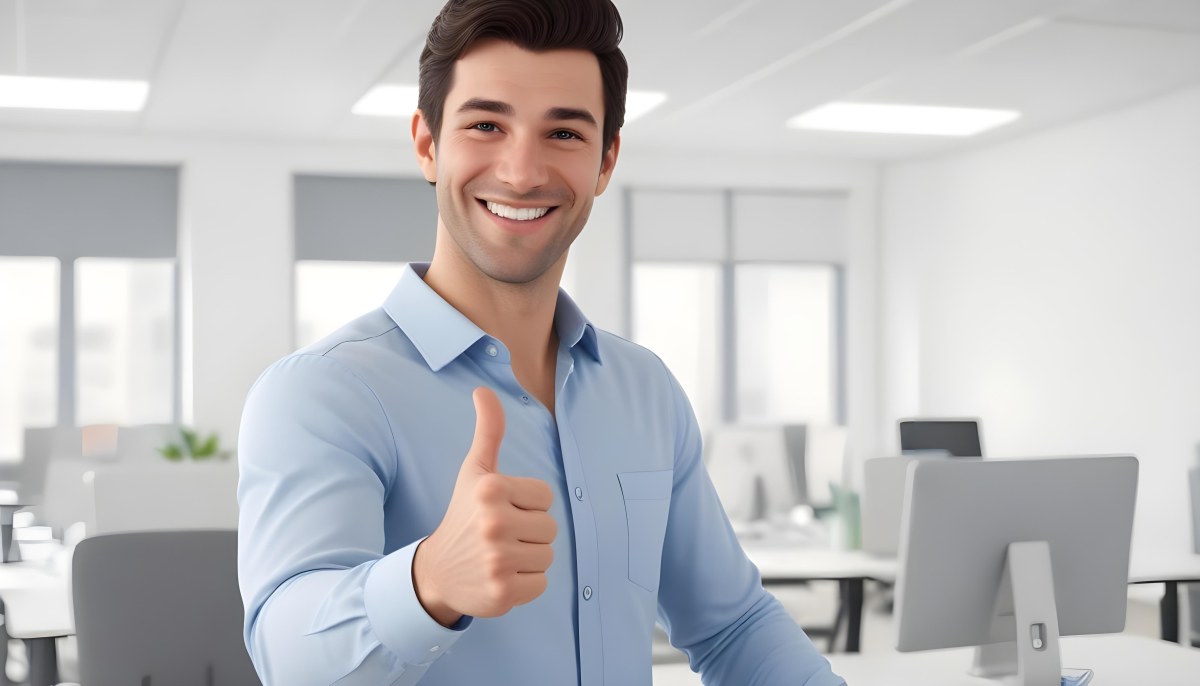 A Caucasian Man 28 Years Old Dark Hair Smiling And Doing A Thumbs Up In A Bright Office 7 066e