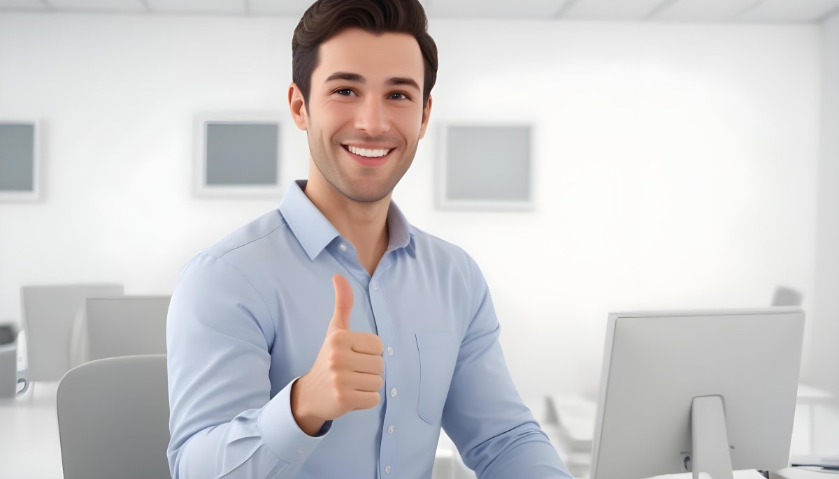 A Caucasian Man 28 Years Old Dark Hair Smiling And Doing A Thumbs Up In A Bright Office 8 D026