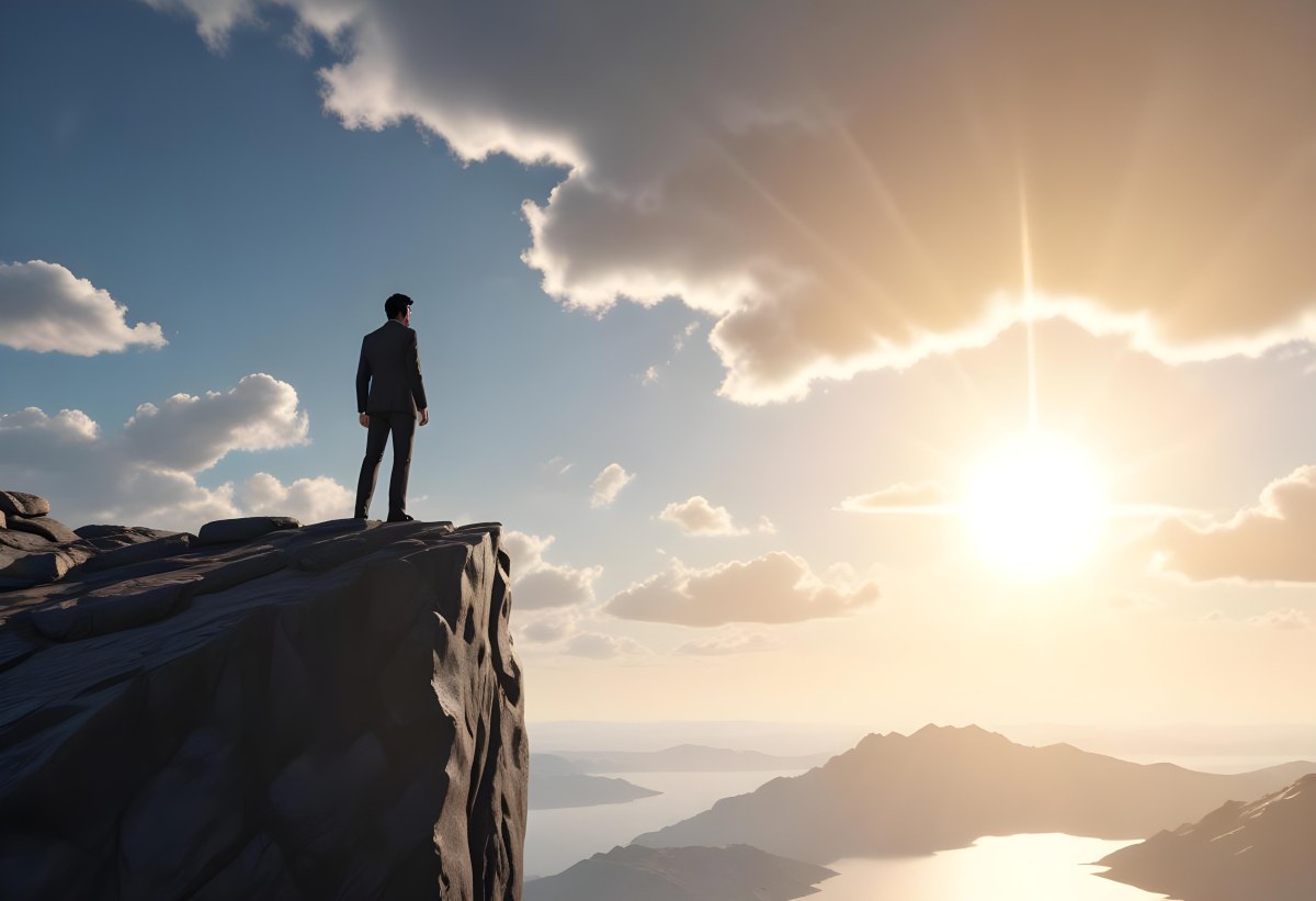 A Caucasian Man 30 Years Old With Black Hair Wearing A Suit Standing On A Cliff With A Cloudy Sky And The Sun In The Background 19 B5c2