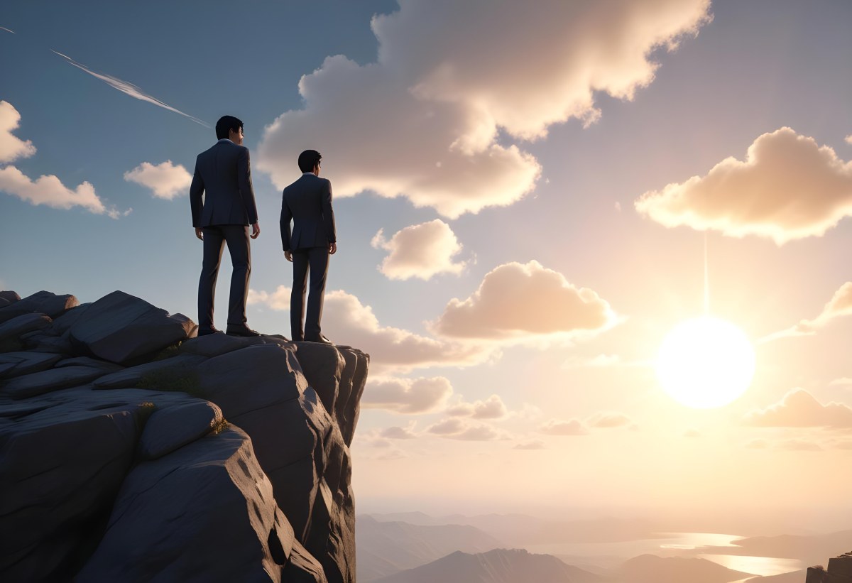 A Caucasian Man 30 Years Old With Black Hair Wearing A Suit Standing On A Cliff With A Cloudy Sky And The Sun In The Background 22 120e