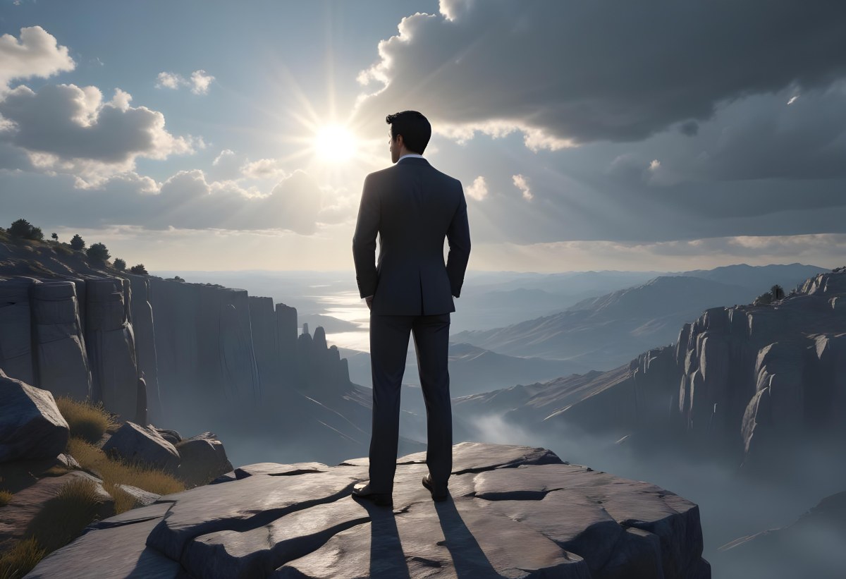 A Caucasian Man 30 Years Old With Black Hair Wearing A Suit Standing On A Cliff With A Cloudy Sky And The Sun In The Background 39 8940
