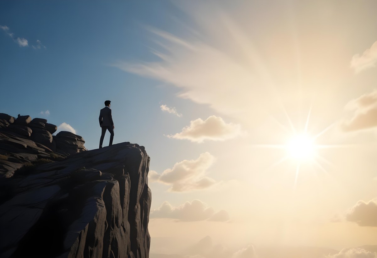 A Caucasian Man 30 Years Old With Black Hair Wearing A Suit Standing On A Cliff With A Cloudy Sky And The Sun In The Background 40 1802