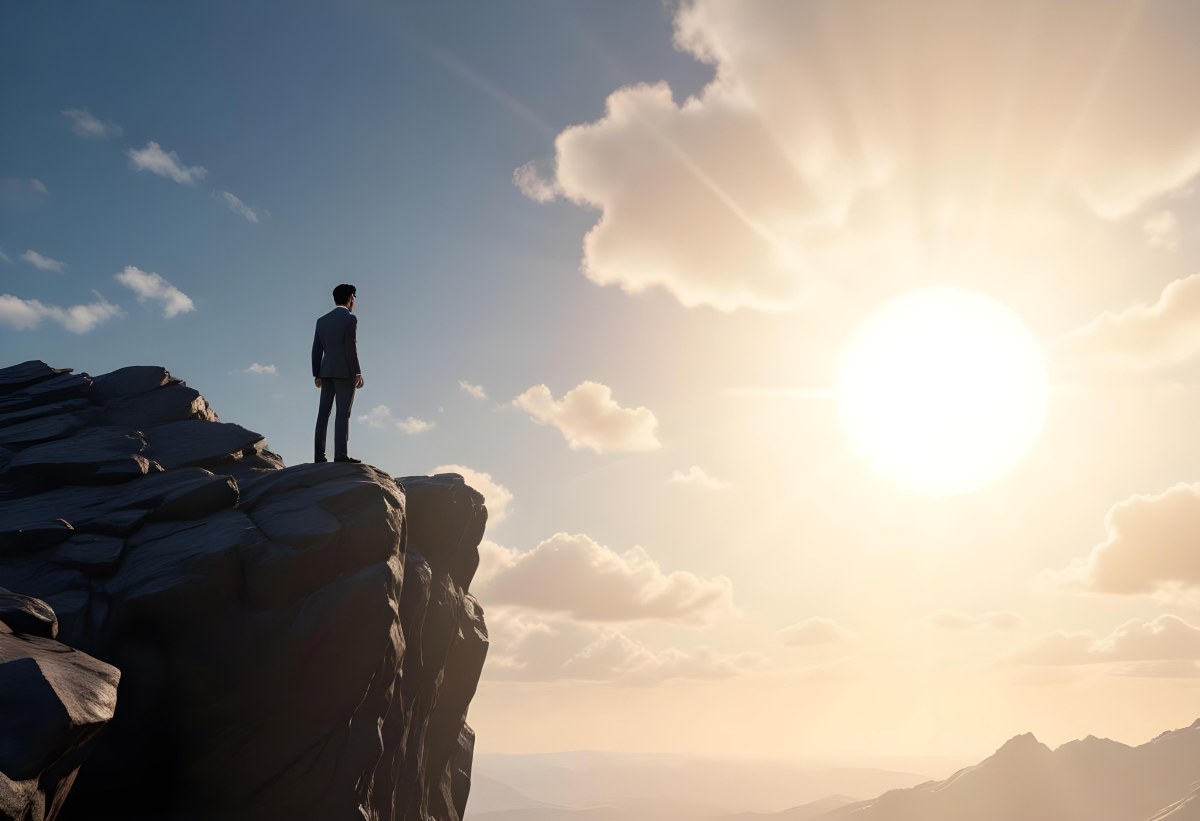 A Caucasian Man 30 Years Old With Black Hair Wearing A Suit Standing On A Cliff With A Cloudy Sky And The Sun In The Background 44 35c8