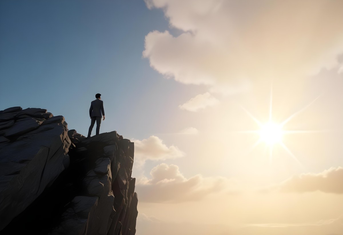 A Caucasian Man 30 Years Old With Black Hair Wearing A Suit Standing On A Cliff With A Cloudy Sky And The Sun In The Background 45 D2df