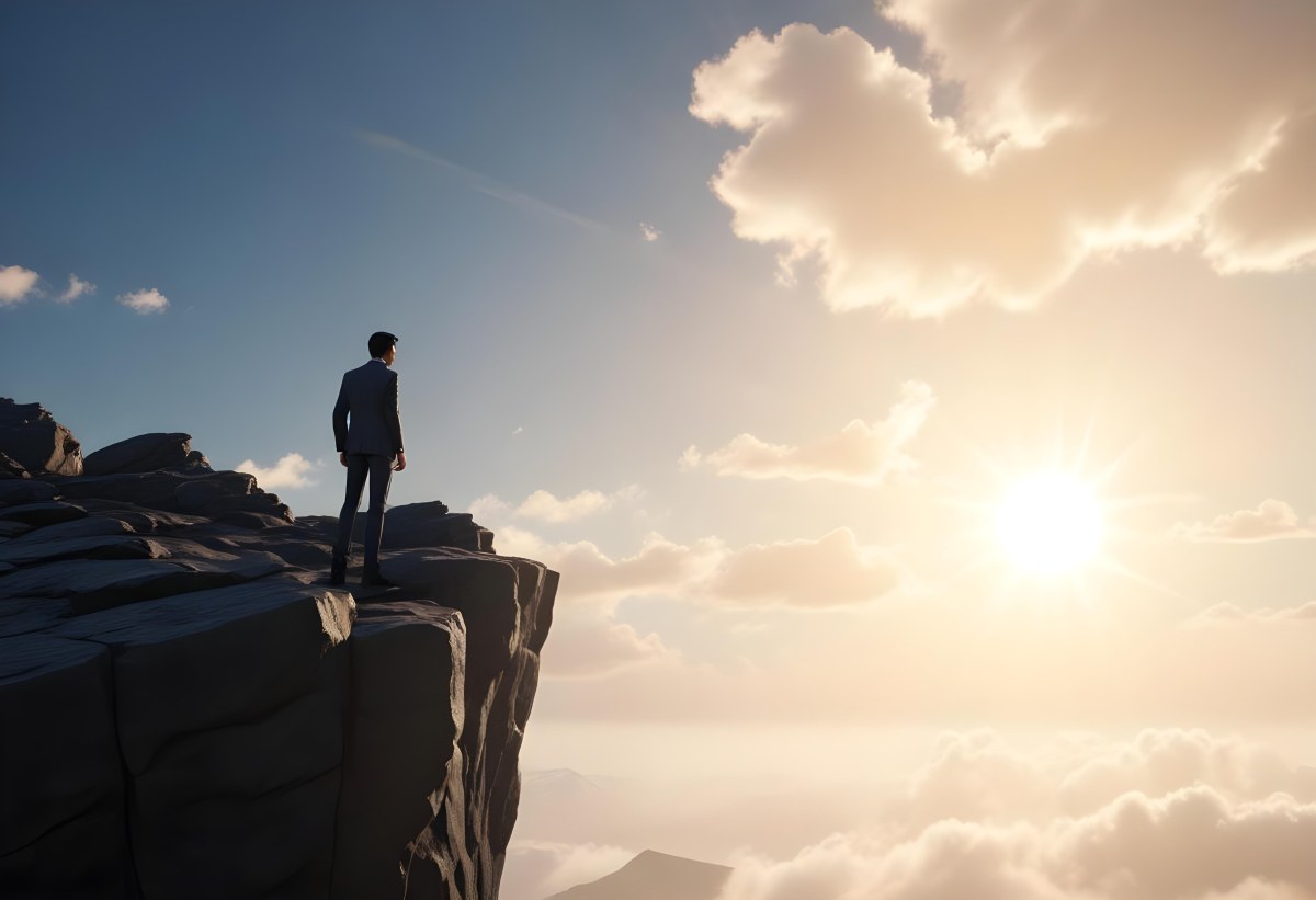 A Caucasian Man 30 Years Old With Black Hair Wearing A Suit Standing On A Cliff With A Cloudy Sky And The Sun In The Background 46 C131