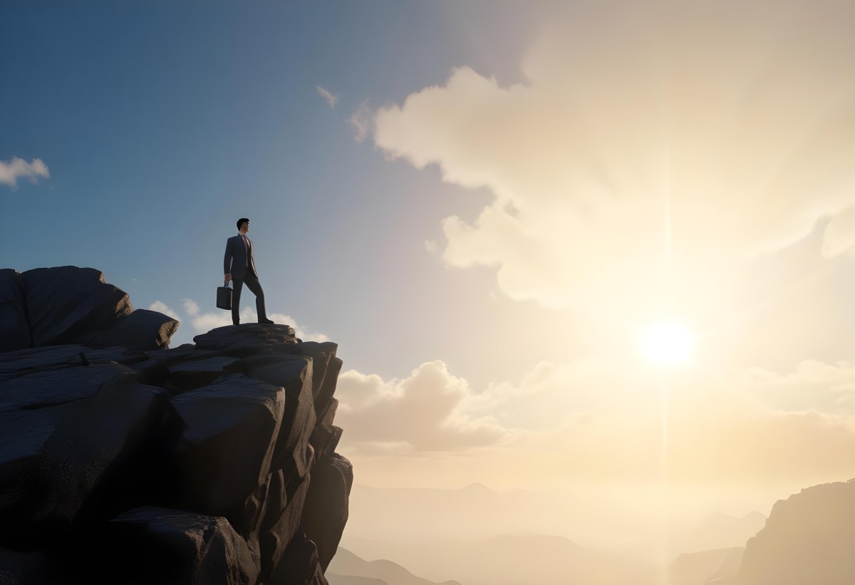 A Caucasian Man 30 Years Old With Black Hair Wearing A Suit Standing On A Cliff With A Cloudy Sky And The Sun In The Background 51 F1d5
