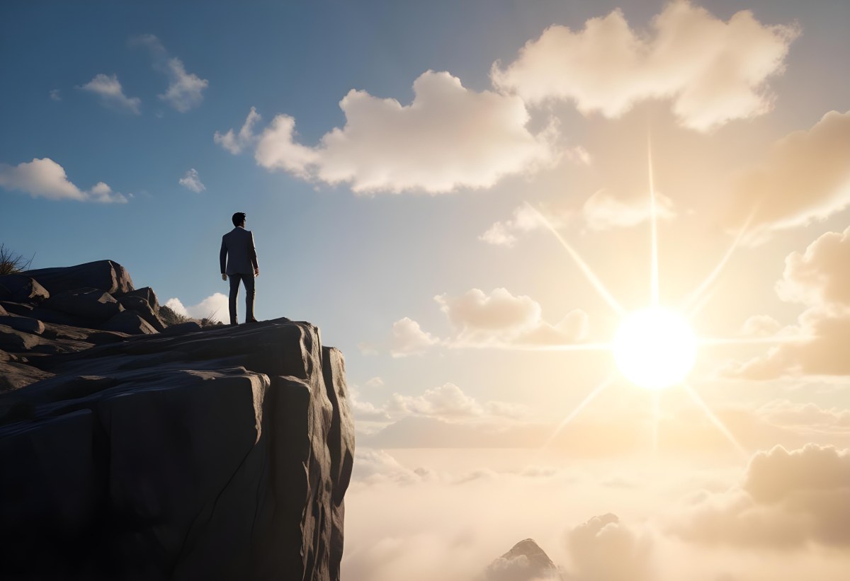 A Caucasian Man 30 Years Old With Black Hair Wearing A Suit Standing On A Cliff With A Cloudy Sky And The Sun In The Background 6 3335
