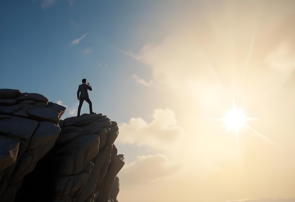 A Caucasian Man 30 Years Old With Black Hair Wearing A Suit Standing On A Cliff With A Cloudy Sky And The Sun In The Background 7 8da9