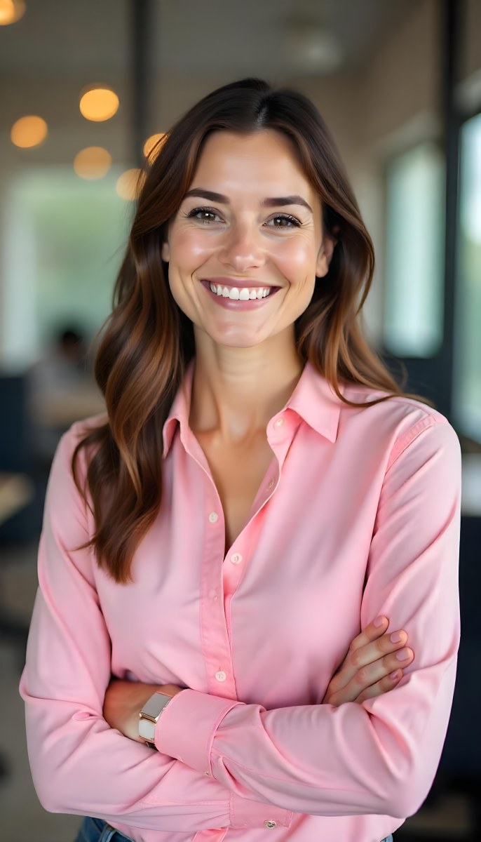 A Caucasian Woman Age 25 Brown Hair Wearing A Pink Shirt Smiling In An Office 6 1417
