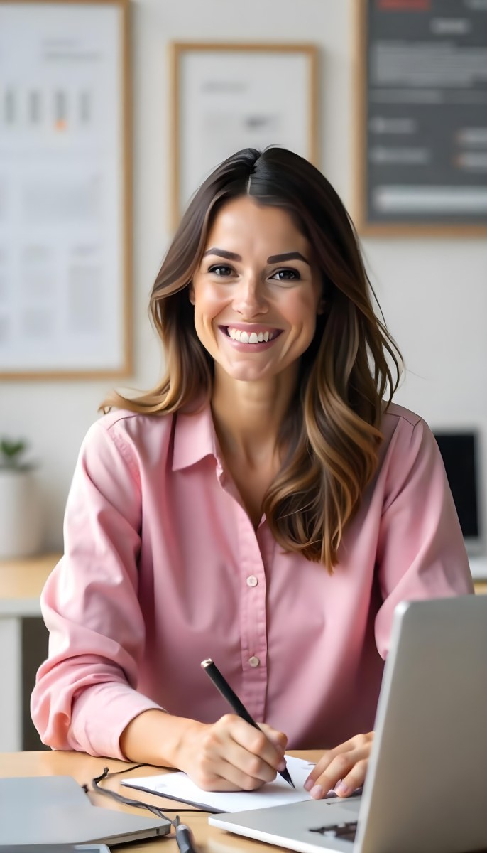 A Caucasian Woman Age 25 Brown Hair Wearing A Pink Shirt Smiling In An Office 7 A444