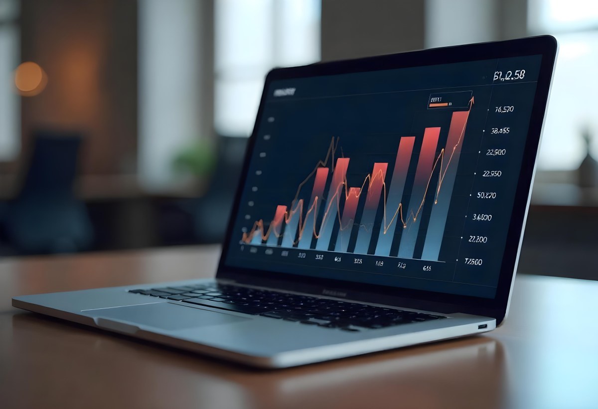 A Laptop With A Keyboard And A Screen Displaying Financial Data With A Bar Graph Overlayed On Top In An Office Environment 17 C42c