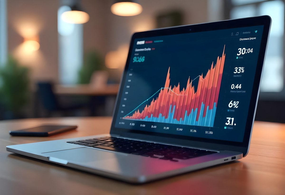 A Laptop With A Keyboard And A Screen Displaying Financial Data With A Bar Graph Overlayed On Top In An Office Environment 22 6979