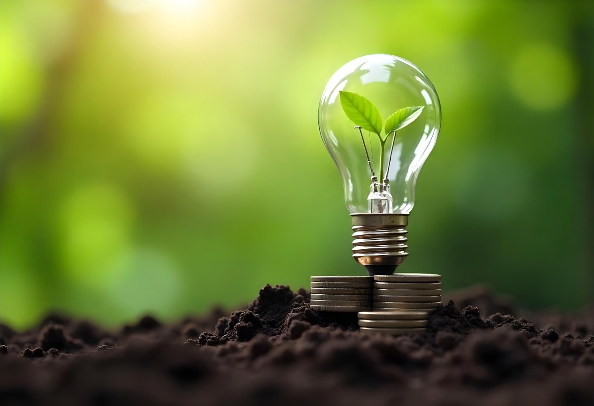 A Light Bulb With A Plant Growing Inside On Top Of A Pile Of Coins On A Mound Of Dirt With A Blurred Background Of Trees And Sky 40 1a45