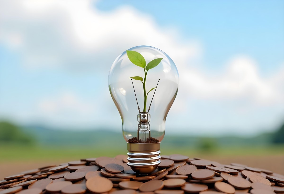 A Light Bulb With A Plant Growing Inside The Bulb Is On Top Of A Pile Of Coins The Background Is A Blurred Landscape With A Blue Sky 5 1642