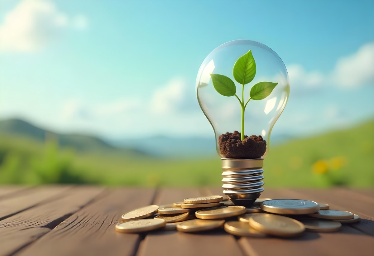 A Light Bulb With A Plant Growing Inside The Bulb Is On Top Of A Pile Of Coins The Background Is A Blurred Landscape With A Blue Sky 6 8dc4