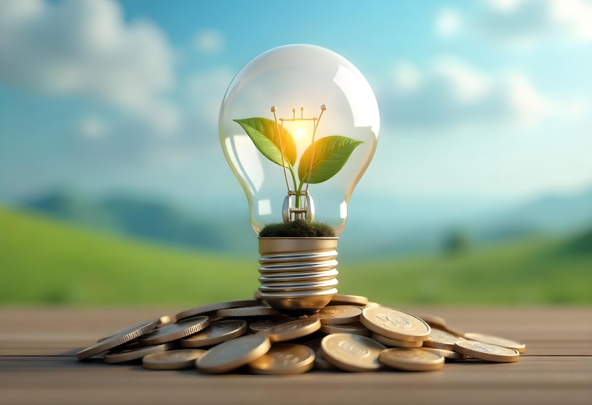 A Light Bulb With A Plant Growing Inside The Bulb Is On Top Of A Pile Of Coins The Background Is A Blurred Landscape With A Blue Sky 7 Ebe5