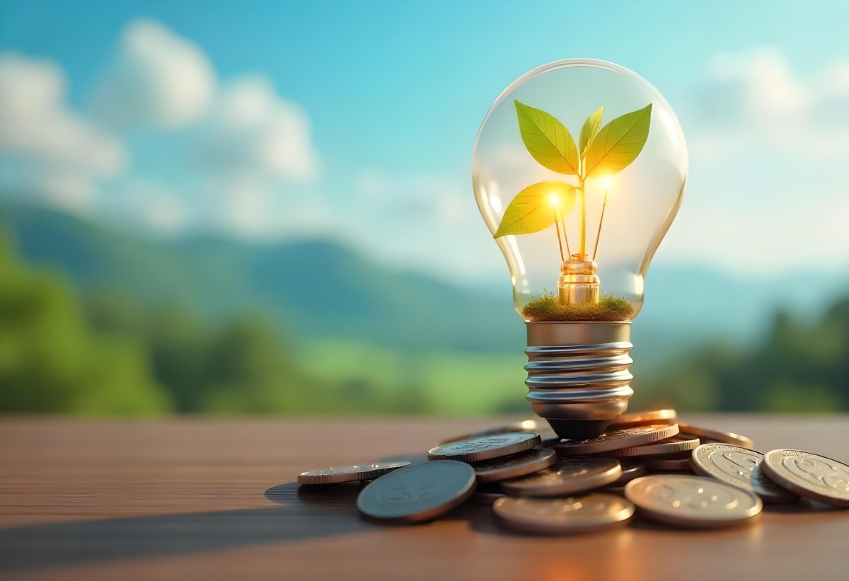A Light Bulb With A Plant Growing Inside The Bulb Is On Top Of A Pile Of Coins The Background Is A Blurred Landscape With A Blue Sky 9 A326