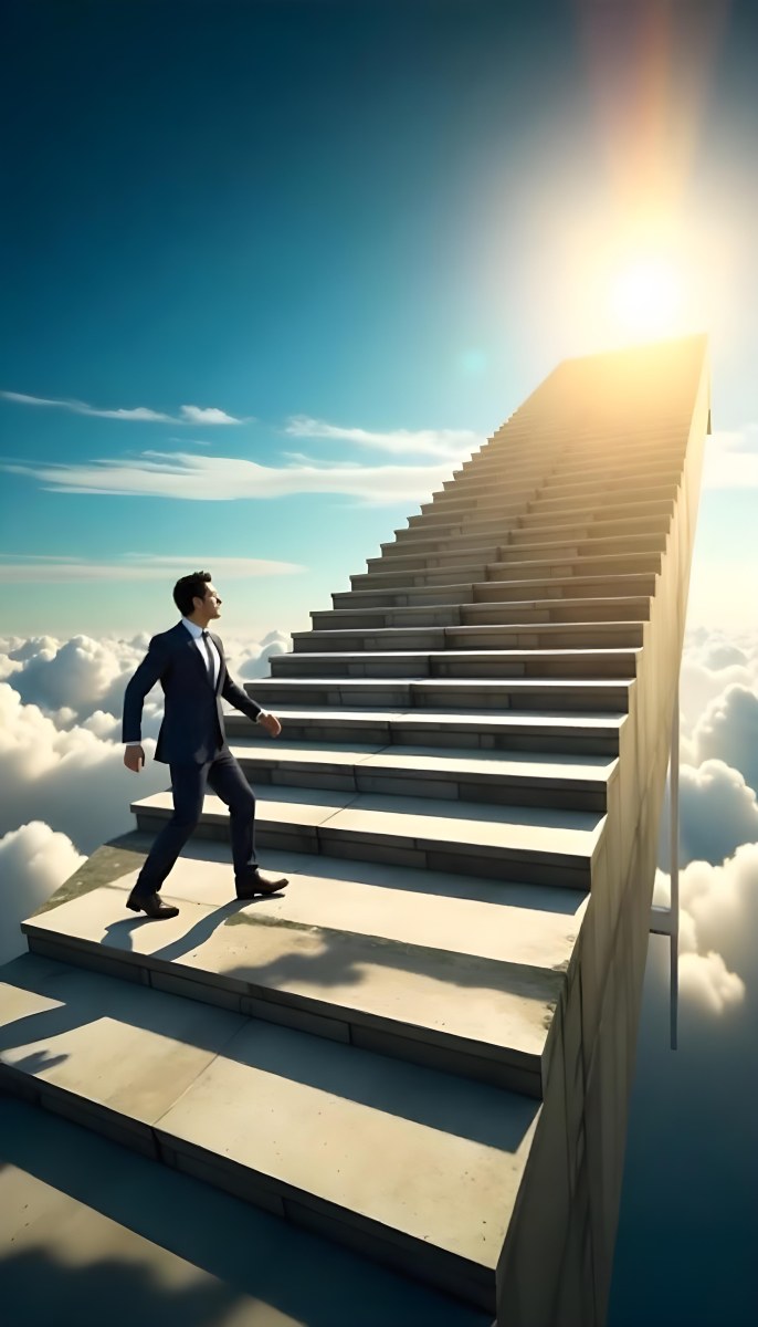 A Man With Dark Hair Around 35 Years Old Wearing A Suit Climbing A Long Staircase Towards The Sky With Clouds And Sunlight In The Background 1 6adb