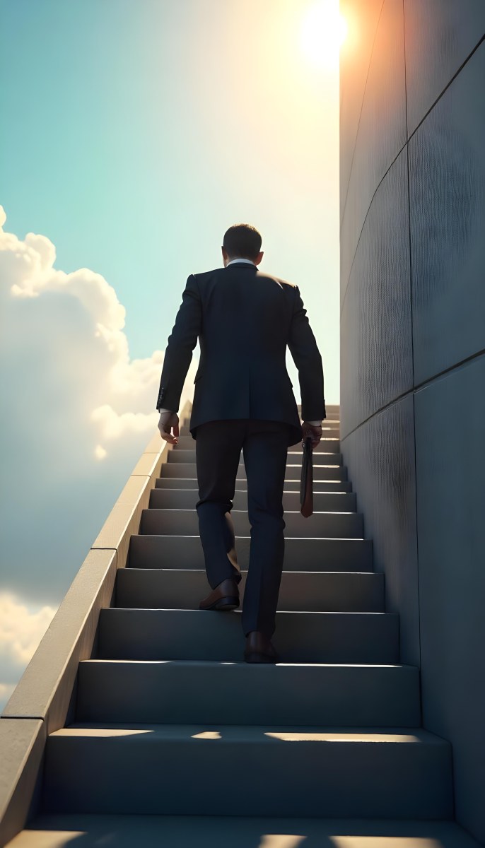 A Man With Dark Hair Around 35 Years Old Wearing A Suit Climbing A Long Staircase Towards The Sky With Clouds And Sunlight In The Background 10 6b7a