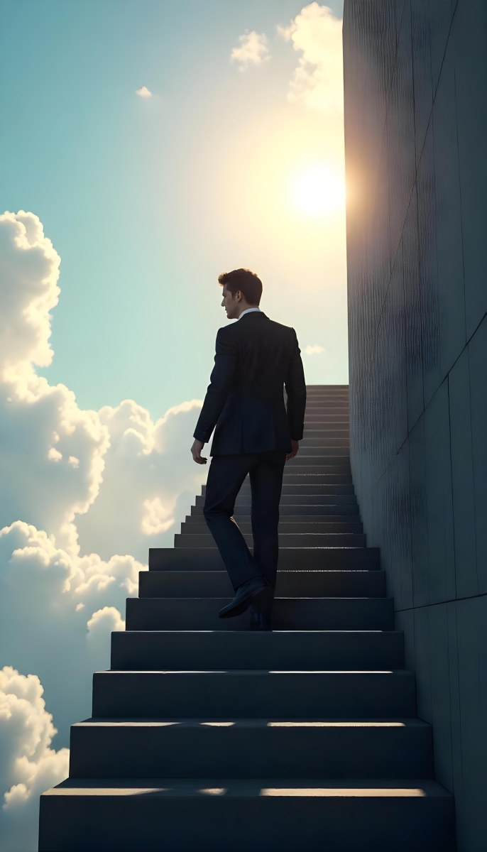 A Man With Dark Hair Around 35 Years Old Wearing A Suit Climbing A Long Staircase Towards The Sky With Clouds And Sunlight In The Background 11 264f