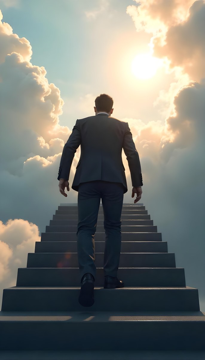A Man With Dark Hair Around 35 Years Old Wearing A Suit Climbing A Long Staircase Towards The Sky With Clouds And Sunlight In The Background 13 609e