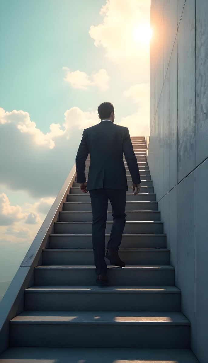 A Man With Dark Hair Around 35 Years Old Wearing A Suit Climbing A Long Staircase Towards The Sky With Clouds And Sunlight In The Background 17 54e9