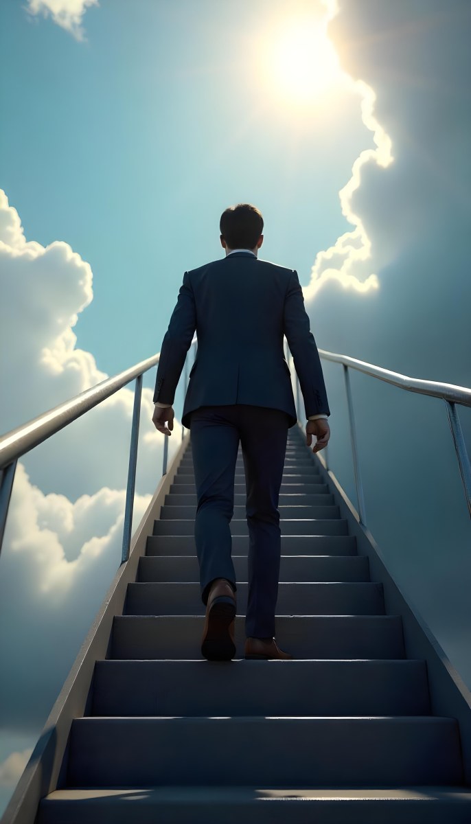 A Man With Dark Hair Around 35 Years Old Wearing A Suit Climbing A Long Staircase Towards The Sky With Clouds And Sunlight In The Background 18 9485