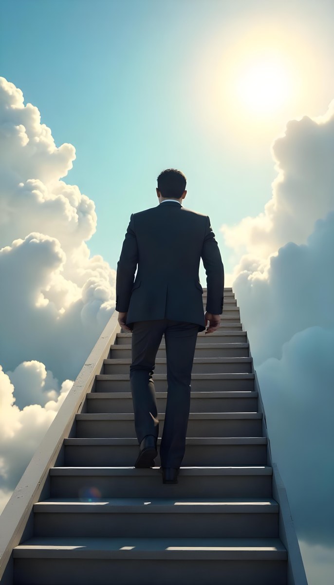 A Man With Dark Hair Around 35 Years Old Wearing A Suit Climbing A Long Staircase Towards The Sky With Clouds And Sunlight In The Background 21 9a7f