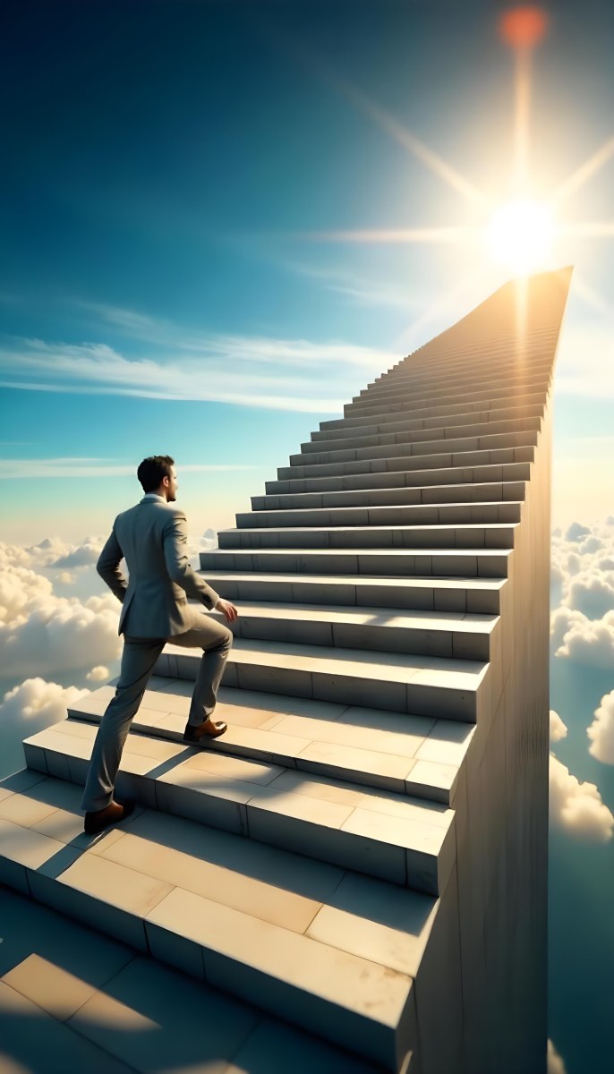 A Man With Dark Hair Around 35 Years Old Wearing A Suit Climbing A Long Staircase Towards The Sky With Clouds And Sunlight In The Background 5 Bbda