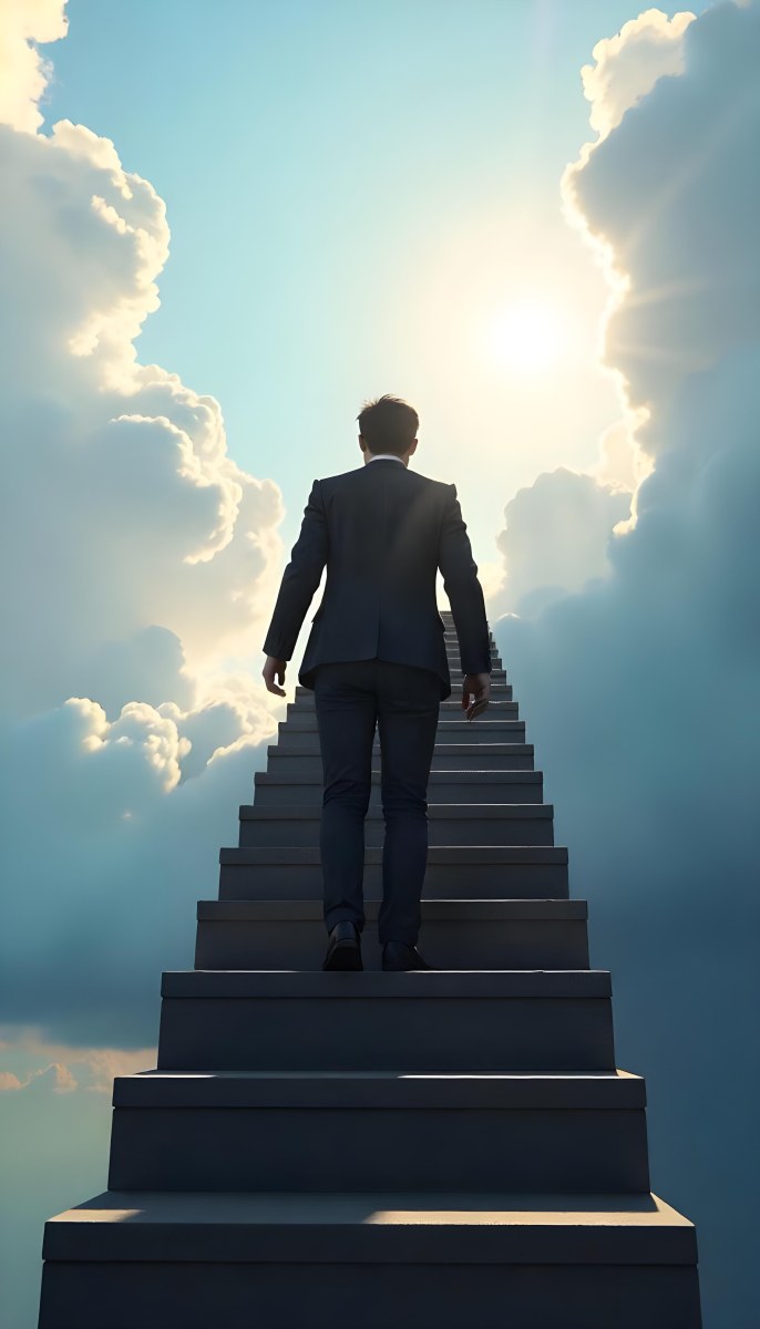 A Man With Dark Hair Around 35 Years Old Wearing A Suit Climbing A Long Staircase Towards The Sky With Clouds And Sunlight In The Background 7 F037