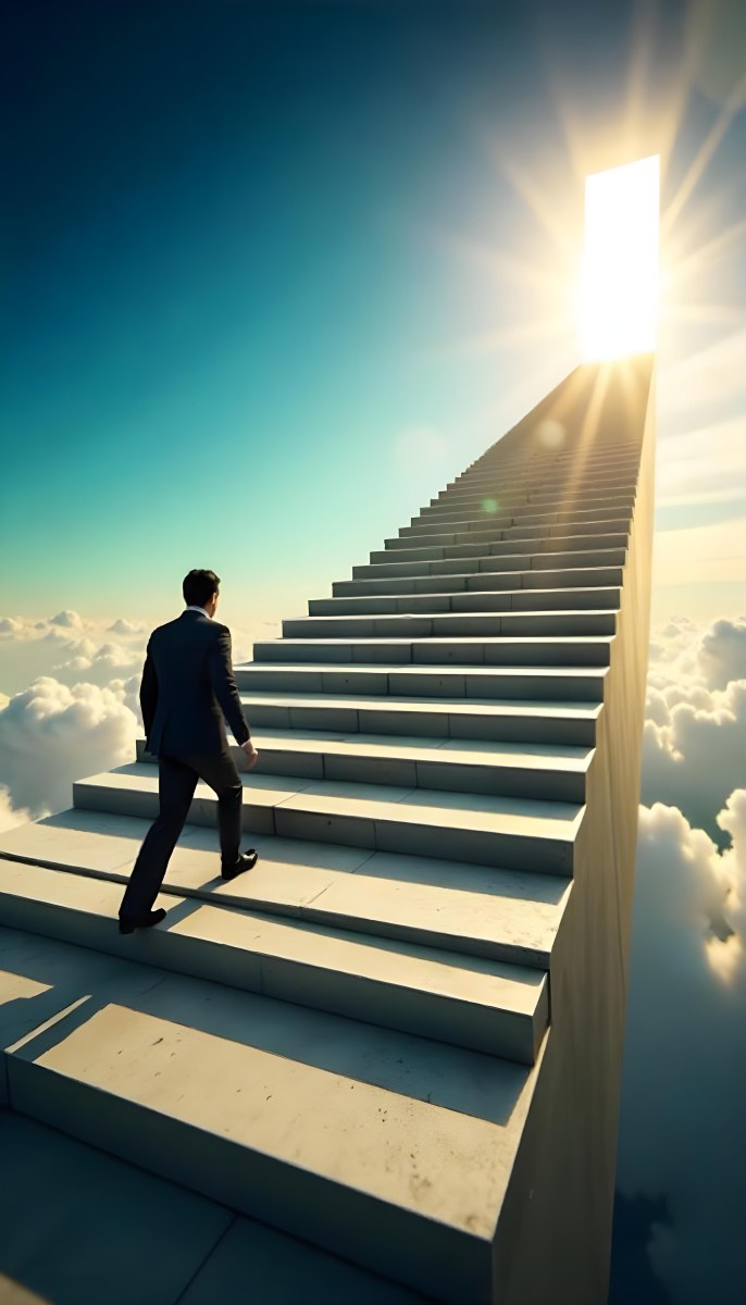 A Man With Dark Hair Around 35 Years Old Wearing A Suit Climbing A Long Staircase Towards The Sky With Clouds And Sunlight In The Background 9 445b