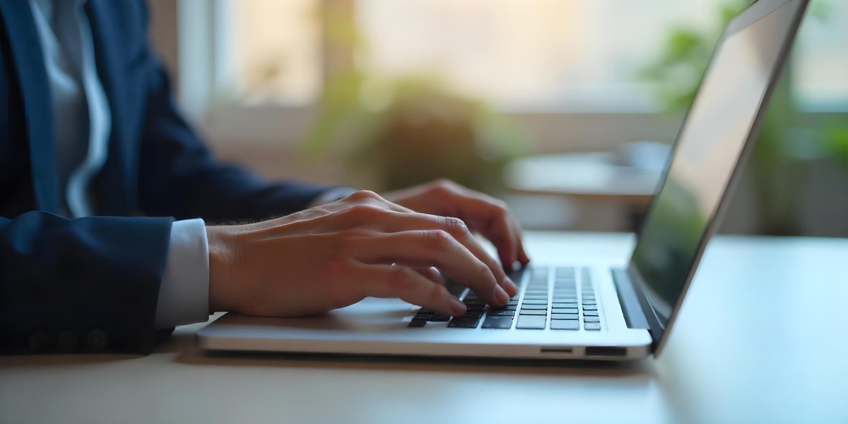 A Person S Hands Typing On A Laptop Keyboard In A Blurred Office Environment 4 0a2f