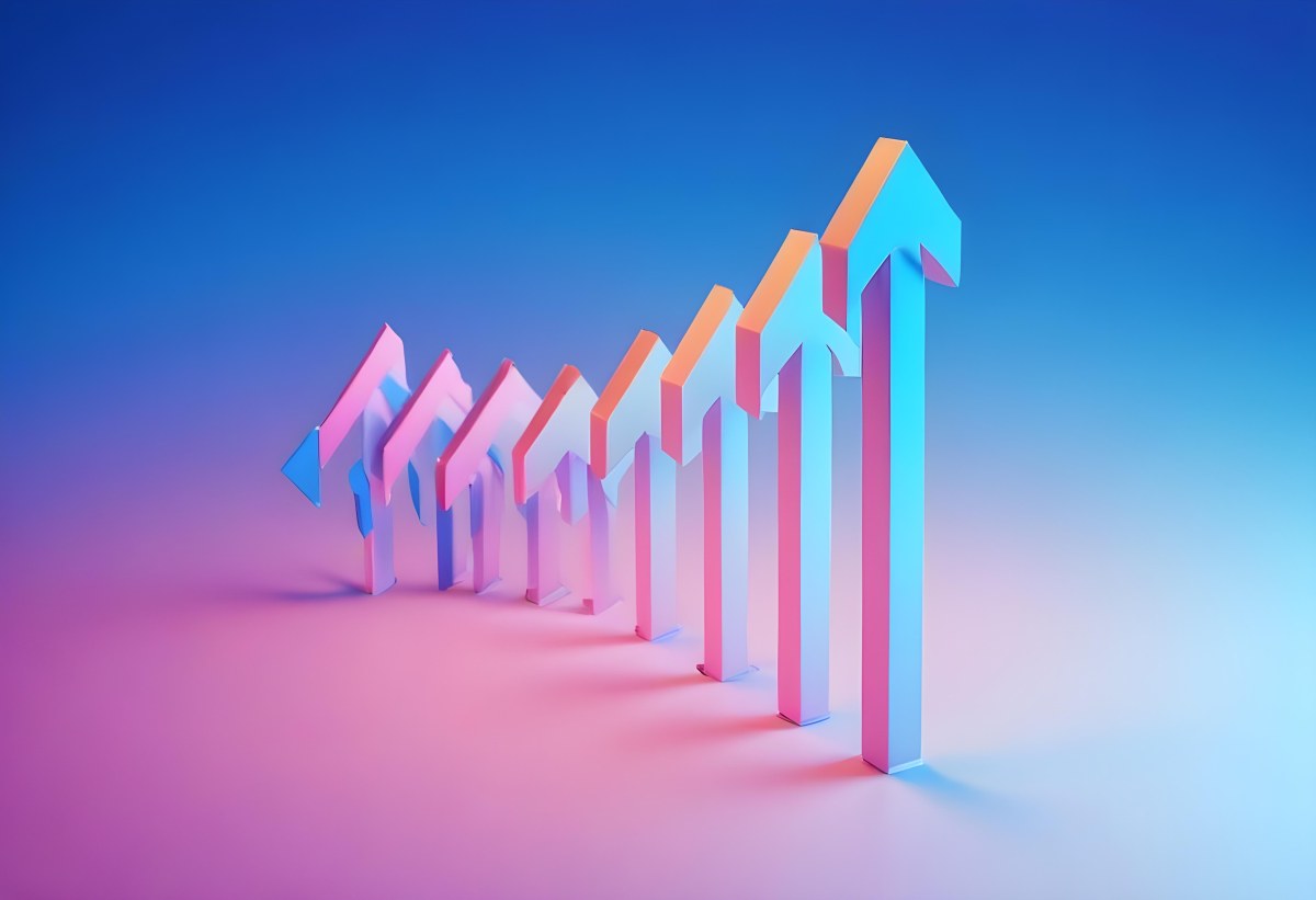A Row Of Blue Arrows Pointing Upwards The Arrows Are Getting Bigger Blue And Pink Gradient Background Success Concept Business Growth 16 7494