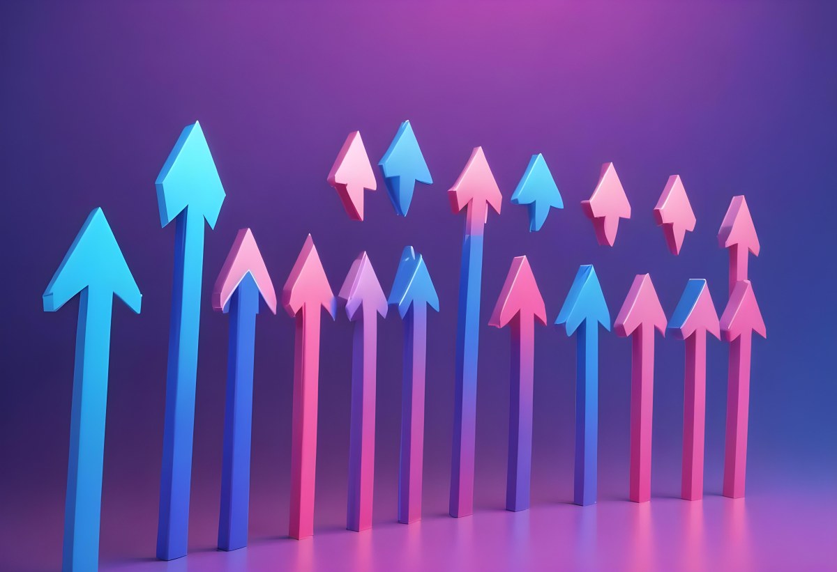 A Row Of Blue Arrows Pointing Upwards The Arrows Are Getting Bigger Blue And Pink Gradient Background Success Concept Business Growth 2 Bc12