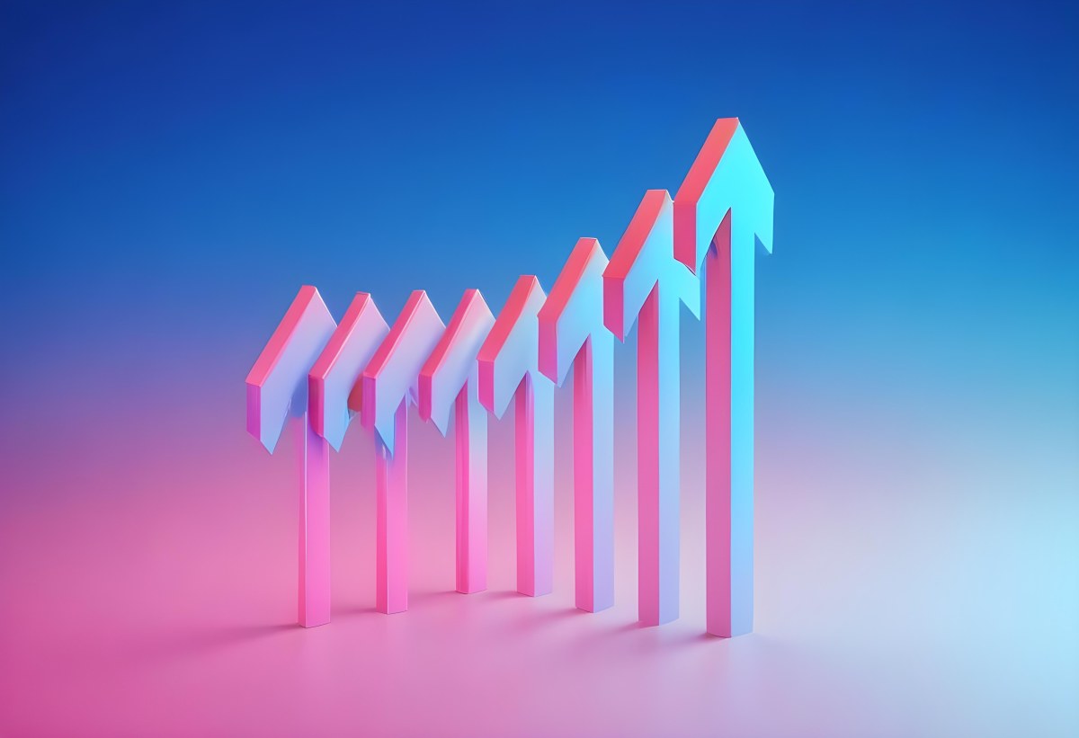 A Row Of Blue Arrows Pointing Upwards The Arrows Are Getting Bigger Blue And Pink Gradient Background Success Concept Business Growth 3 9017