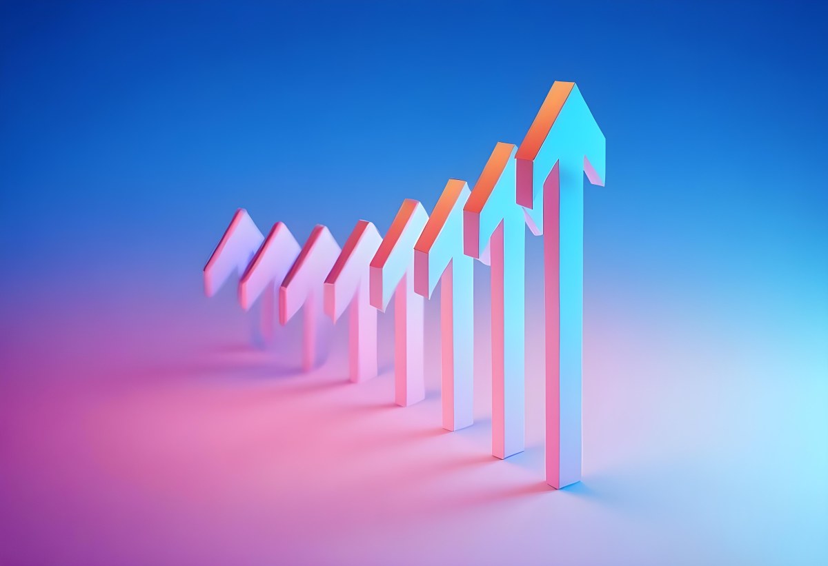 A Row Of Blue Arrows Pointing Upwards The Arrows Are Getting Bigger Blue And Pink Gradient Background Success Concept Business Growth 5 785d