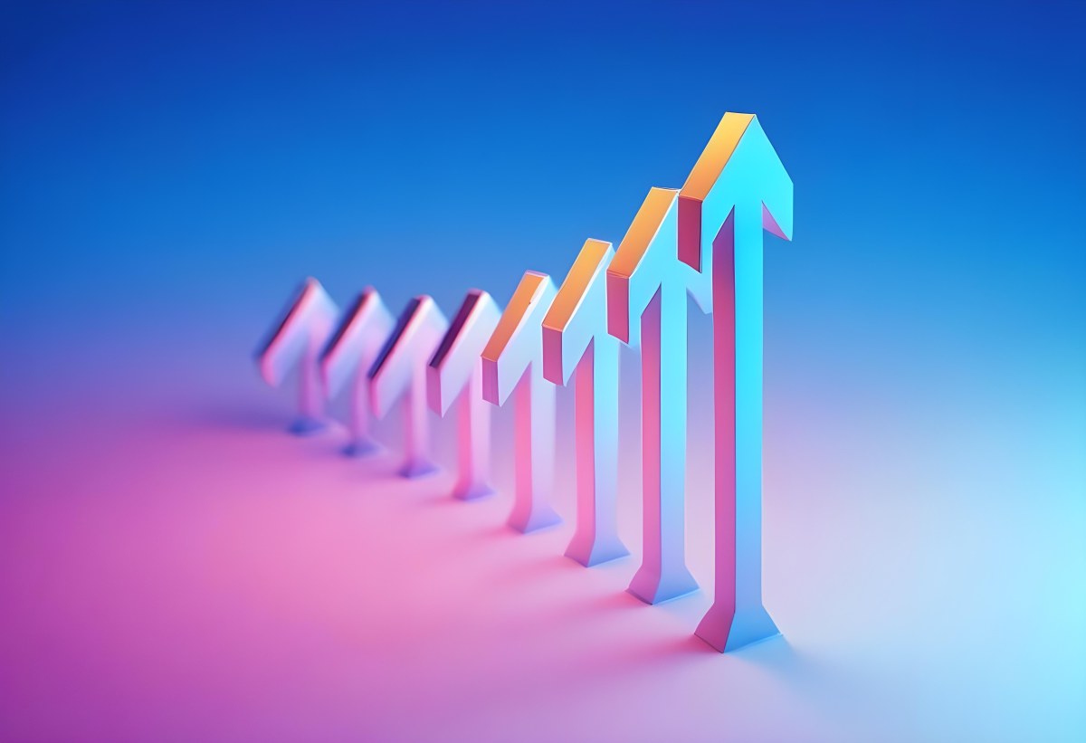 A Row Of Blue Arrows Pointing Upwards The Arrows Are Getting Bigger Blue And Pink Gradient Background Success Concept Business Growth 6 33e7