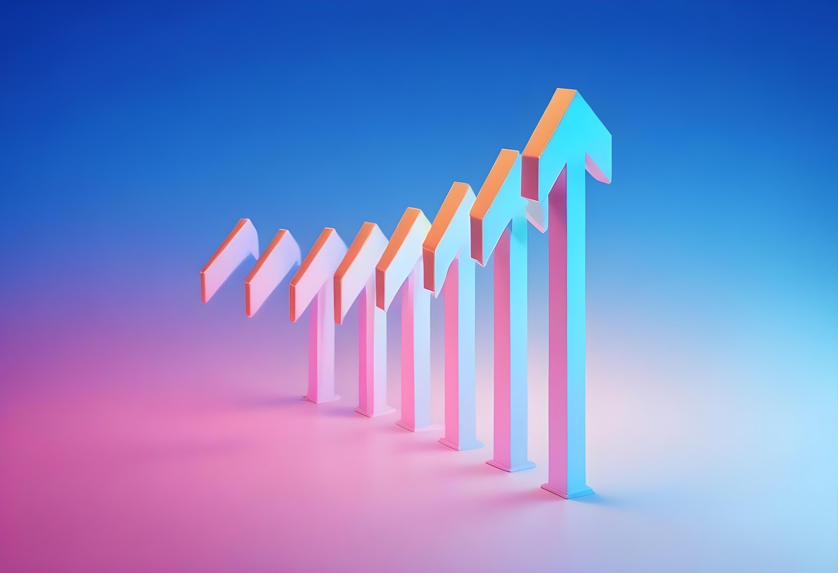 A Row Of Blue Arrows Pointing Upwards The Arrows Are Getting Bigger Blue And Pink Gradient Background Success Concept Business Growth 8 3cfd