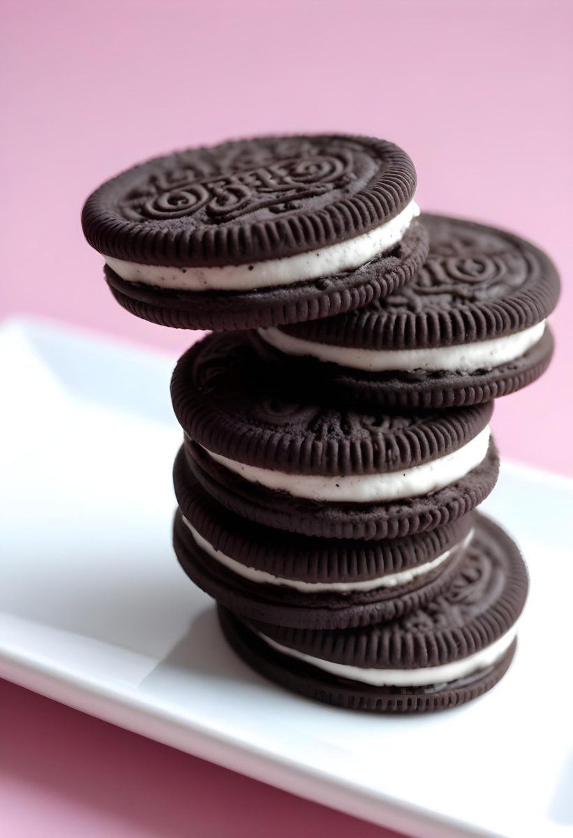 A Stack Of Oreo Cookies On A White Plate Against A Pink Background 2
