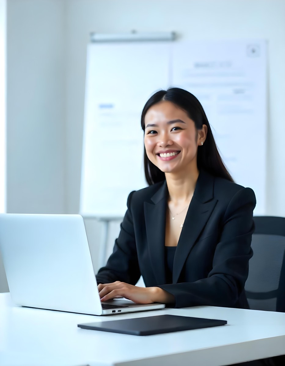 An Asian Woman 28 Years Old With Black Hair Wearing A Suit And Smiling In Front Of A Laptop In A Office 7 Abe1