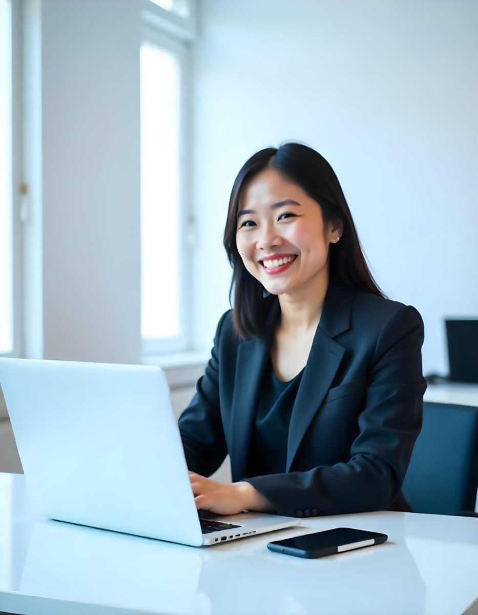 An Asian Woman 28 Years Old With Black Hair Wearing A Suit And Smiling In Front Of A Laptop In A Office 8 D87c