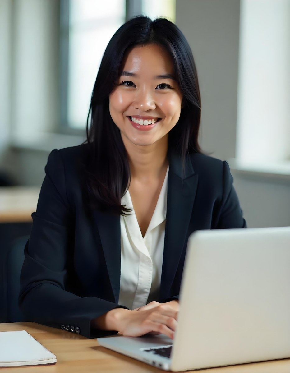 An Asian Woman 28 Years Old With Black Hair Wearing A Suit And Smiling In Front Of A Laptop In A Office 9 2c5c