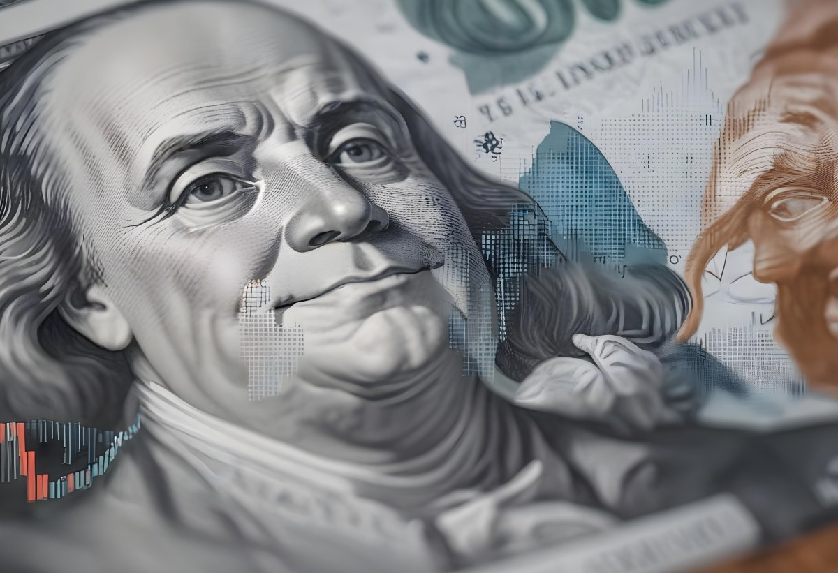 Benjamin Franklin Portrait On A One Hundred Dollar Bill Overlaid With A Stock Market Chart And Dollar Signs In A Financial Context 4 0135