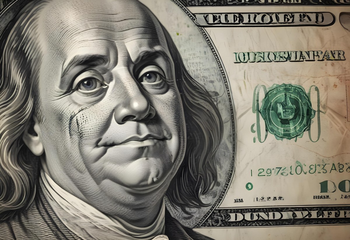 Benjamin Franklin Portrait On A One Hundred Dollar Bill Overlaid With A Stock Market Chart And Dollar Signs In A Financial Context 42 404f